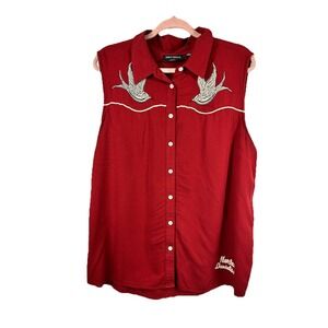 Harley-Davidson 2XL Red Western Shirt Sleeveless Embroidered Swallow Boho Biker